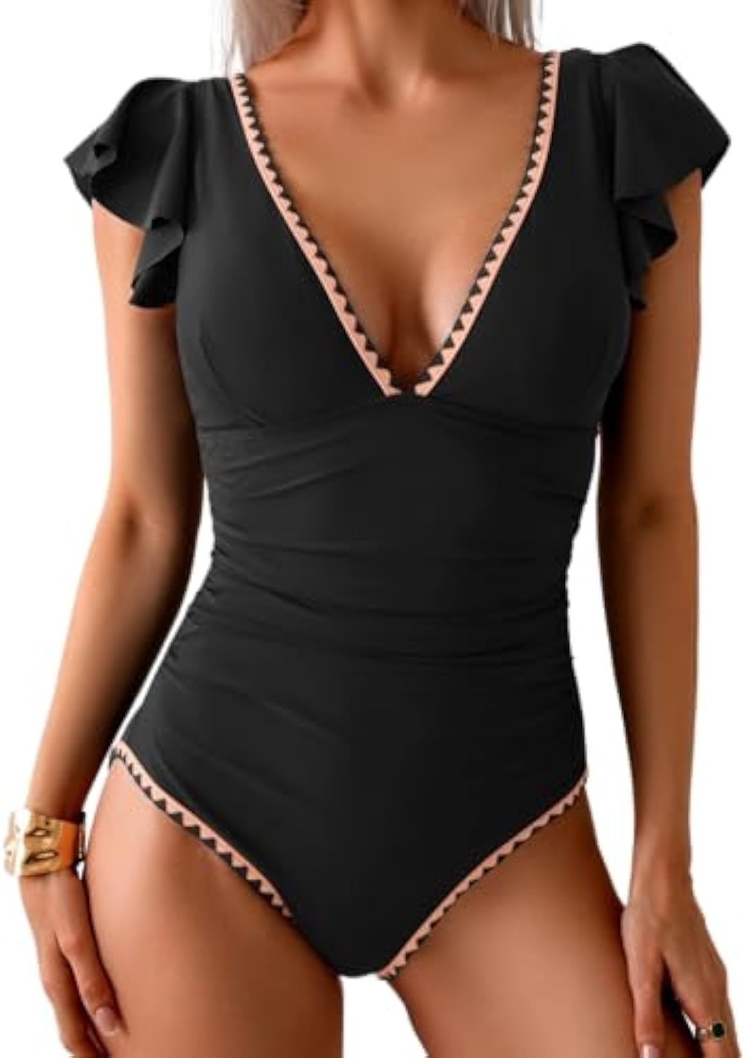 Ruffle V Neck Tummy Control One Piece Swimsuit
