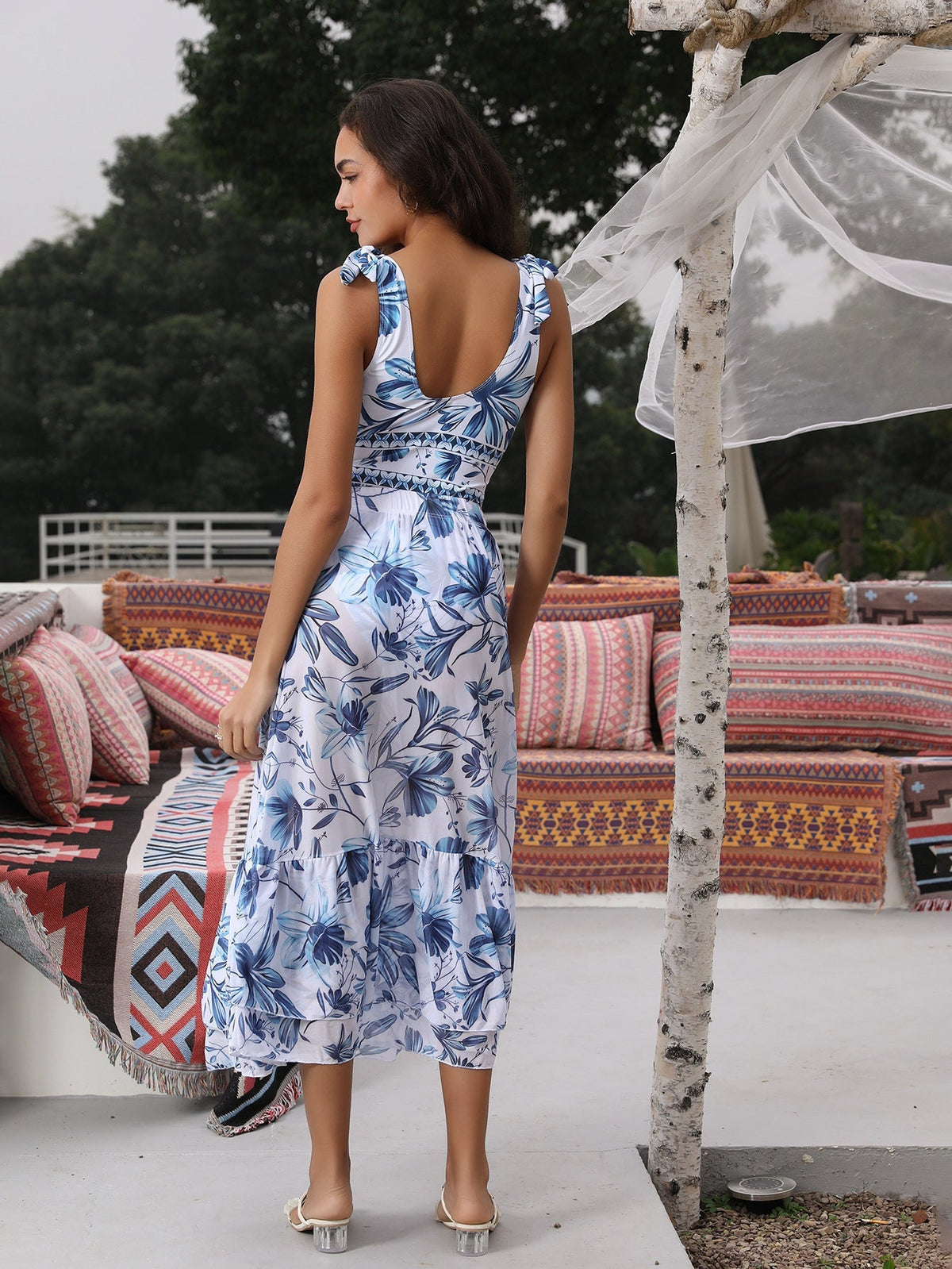 V-Neck Lace-Up One Piece Swimsuit with Sarong
