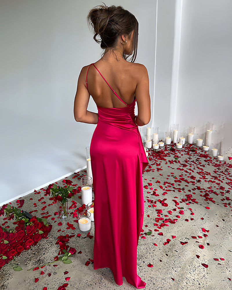 Women's Sexy One Shoulder Satin High Split Maxi Dress