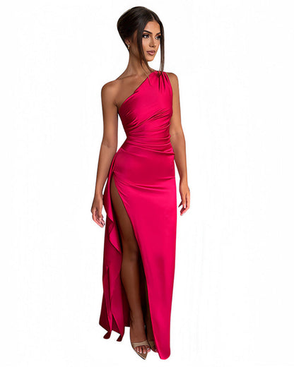 Women's Sexy One Shoulder Satin High Split Maxi Dress