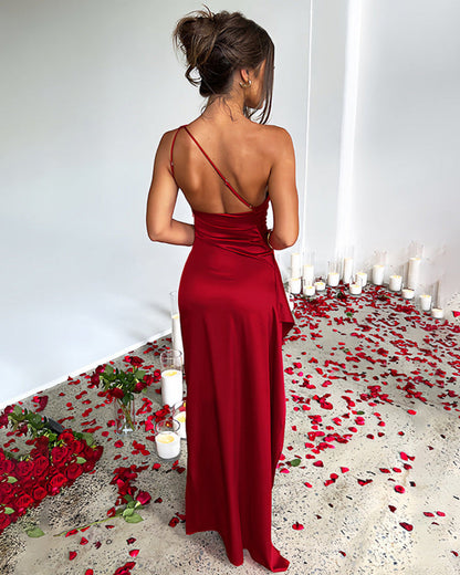 Women's Sexy One Shoulder Satin High Split Maxi Dress