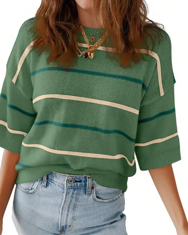 Women's Summer Striped Knit Top Crew Neck Short Sleeve