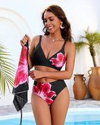 Ensemble de maillot de bain 3 pièces taille haute, jupe-short de bain florale modeste
