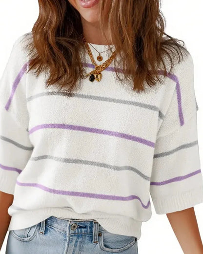 Women's Summer Striped Knit Top Crew Neck Short Sleeve