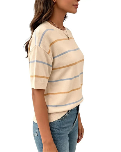 Women's Summer Striped Knit Top Crew Neck Short Sleeve