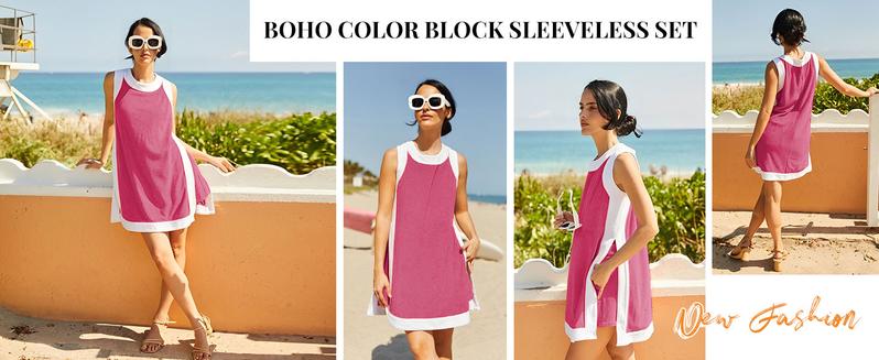 Two-Piece Color Block Sleeveless Set with Pocket Shorts
