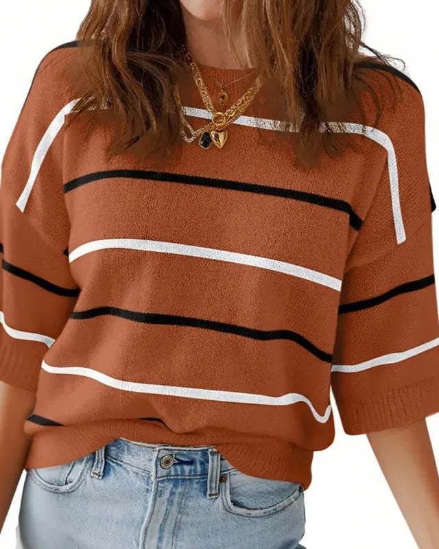 Women's Summer Striped Knit Top Crew Neck Short Sleeve