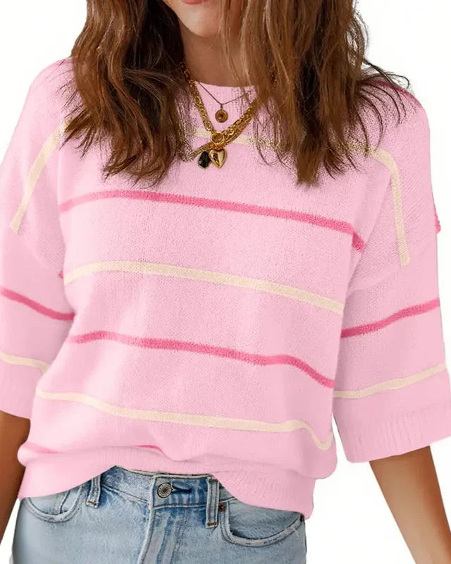 Women's Summer Striped Knit Top Crew Neck Short Sleeve