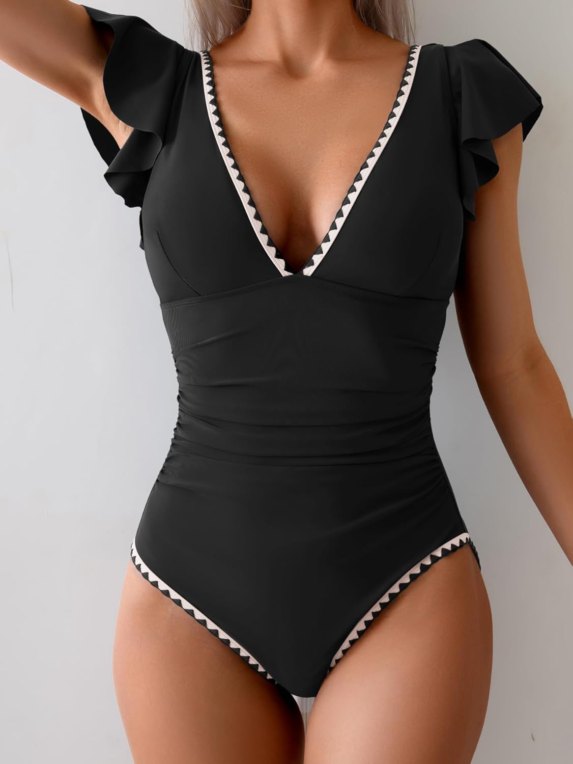 Ruffle V Neck Tummy Control One Piece Swimsuit