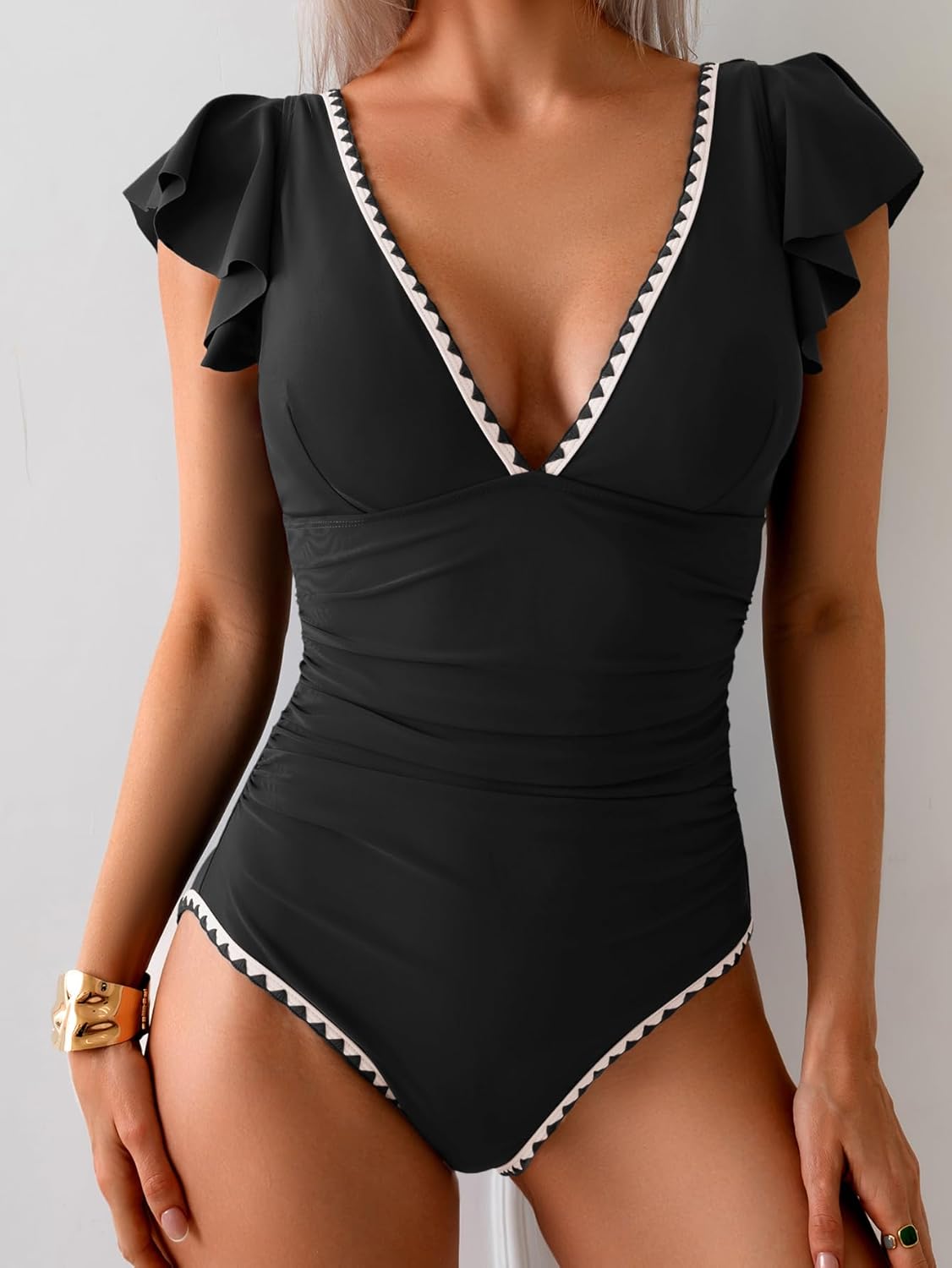 Ruffle V Neck Tummy Control One Piece Swimsuit