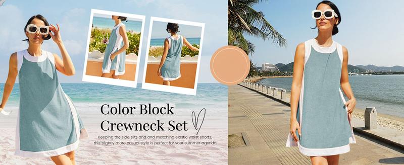 Two-Piece Color Block Sleeveless Set with Pocket Shorts