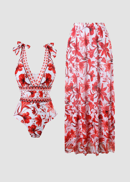 V-Neck Lace-Up One Piece Swimsuit with Sarong