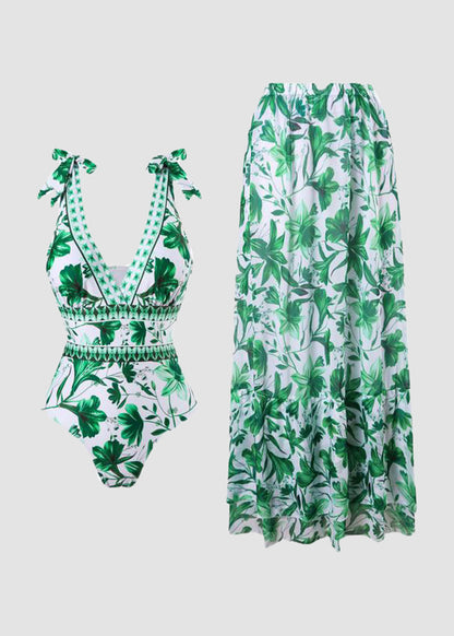 V-Neck Lace-Up One Piece Swimsuit with Sarong