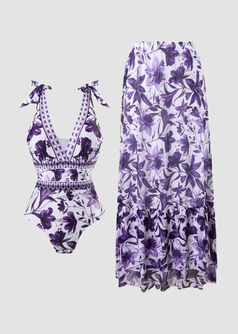 V-Neck Lace-Up One Piece Swimsuit with Sarong
