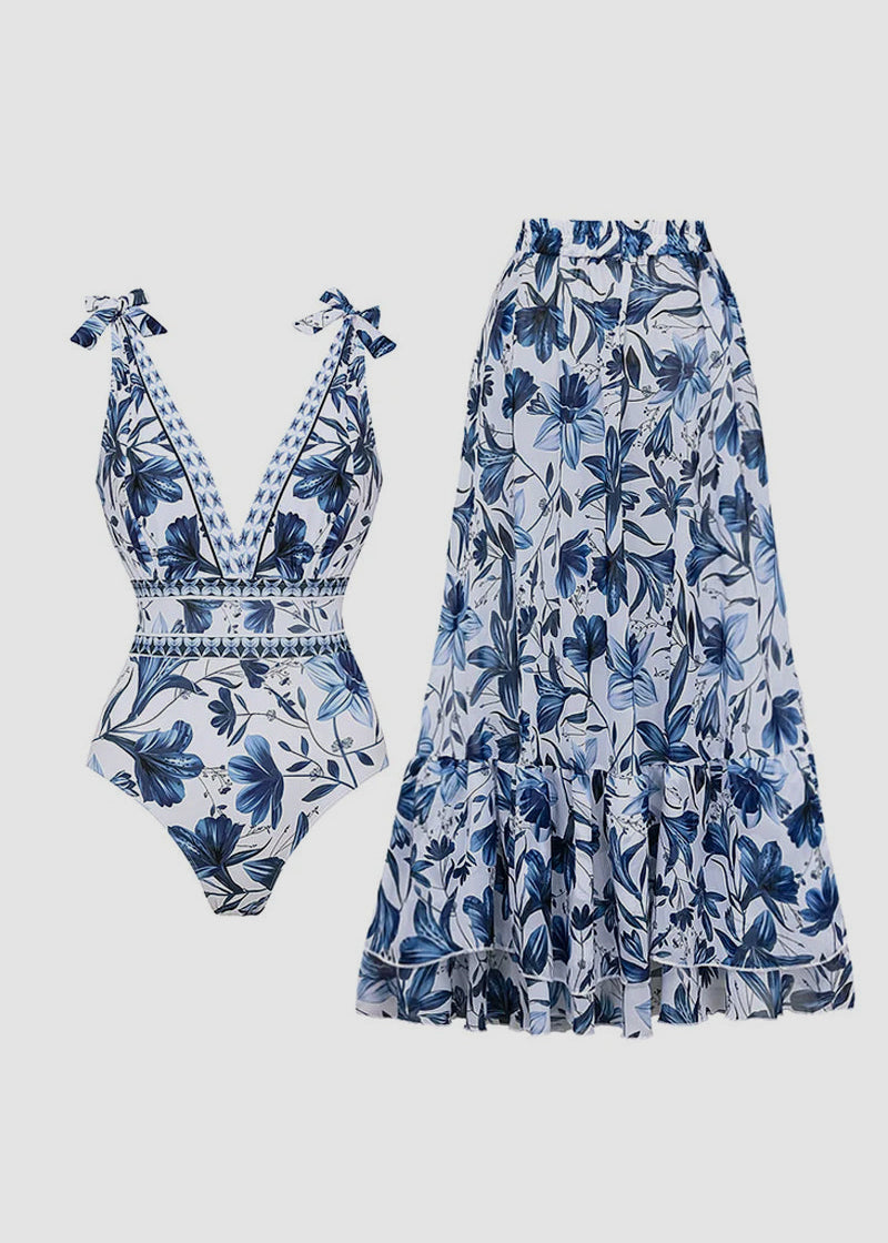 V-Neck Lace-Up One Piece Swimsuit with Sarong