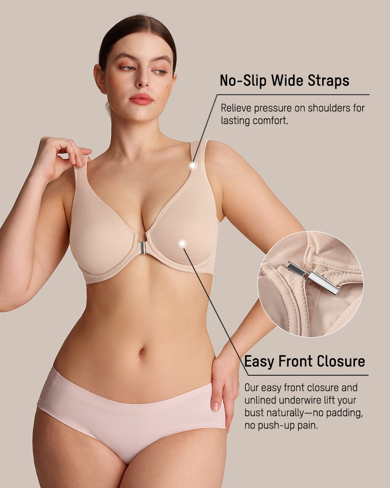 Soutien-gorge plongeant avec armatures, sans doublure, fermeture avant et maintien dorsal