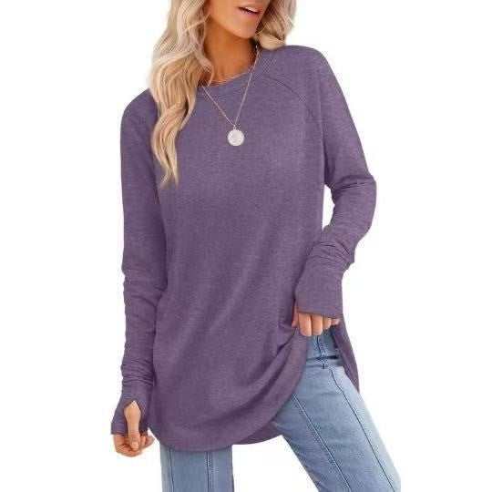Tunique femme coupe décontractée à manches longues avec trous pour les pouces, manches raglan et fentes latérales