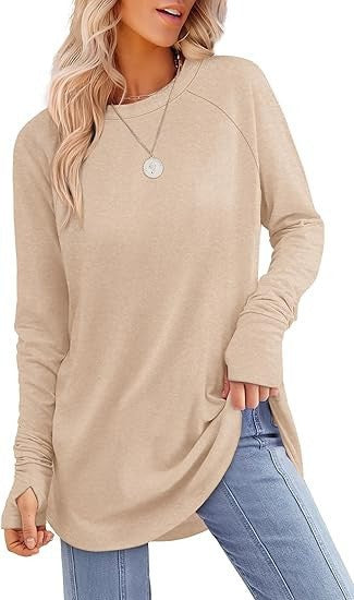 Tunique femme coupe décontractée à manches longues avec trous pour les pouces, manches raglan et fentes latérales