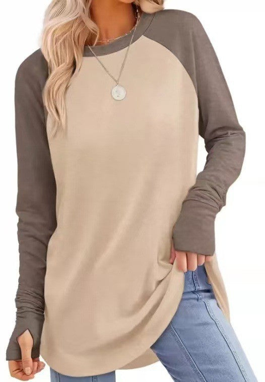 Tunique femme coupe décontractée à manches longues avec trous pour les pouces, manches raglan et fentes latérales