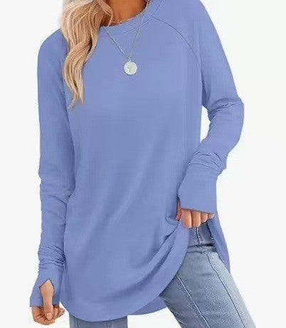 Tunique femme coupe décontractée à manches longues avec trous pour les pouces, manches raglan et fentes latérales
