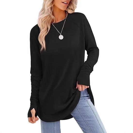 Tunique femme coupe décontractée à manches longues avec trous pour les pouces, manches raglan et fentes latérales