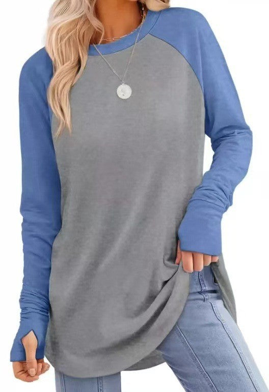 Tunique femme coupe décontractée à manches longues avec trous pour les pouces, manches raglan et fentes latérales