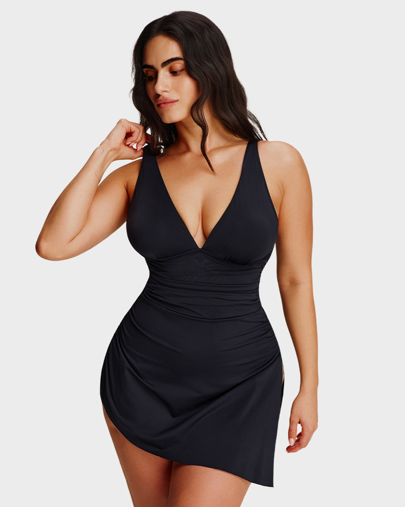 Robe de bain amincissante à nœud latéral et encolure en V froncée