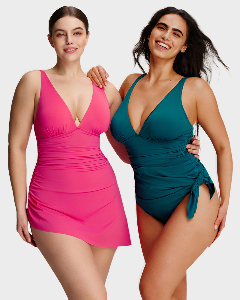 Robe de bain amincissante à nœud latéral et encolure en V froncée