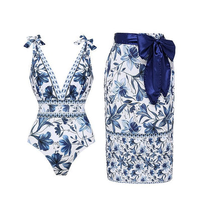 V-Neck Lace-Up One Piece Swimsuit with Sarong