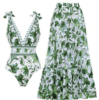 V-Neck Lace-Up One Piece Swimsuit with Sarong