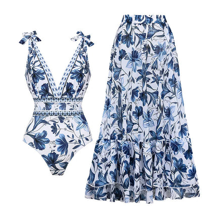 V-Neck Lace-Up One Piece Swimsuit with Sarong