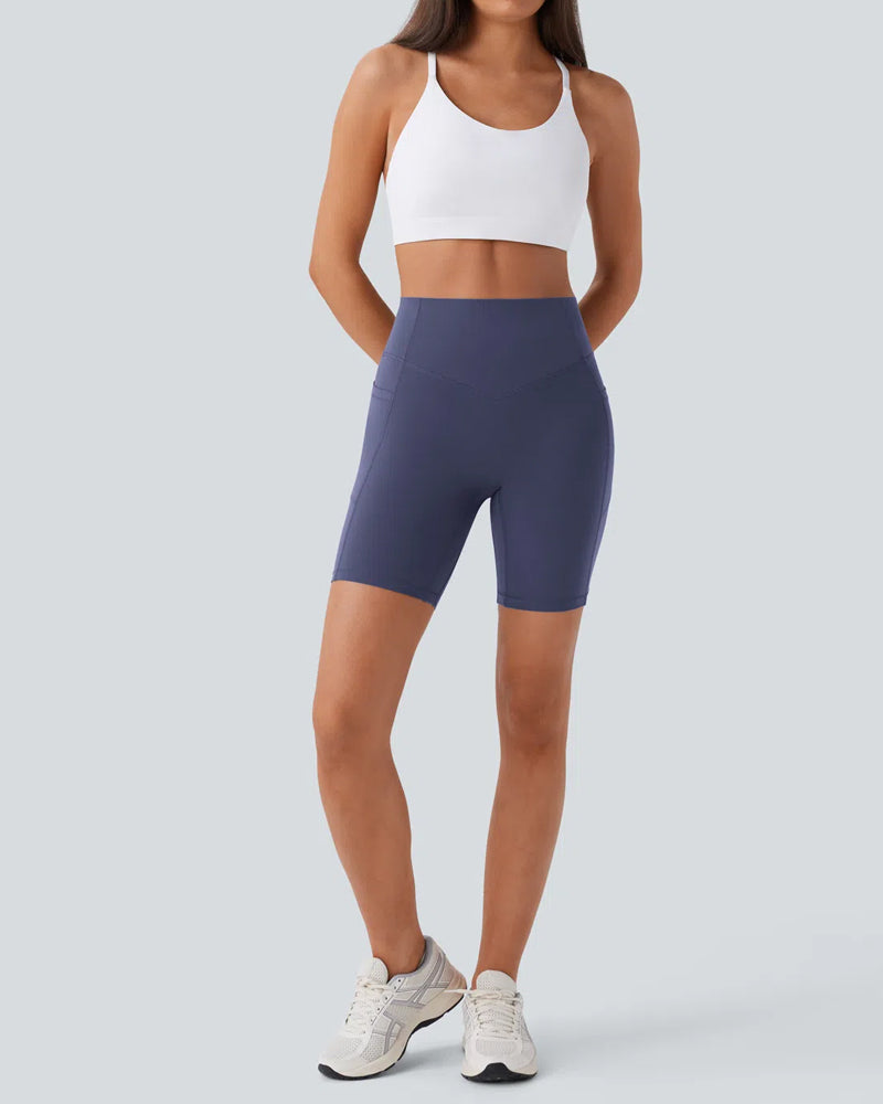 Short de sport taille haute gainant, effet push-up, contrôle du ventre, avec poches latérales, taille 7