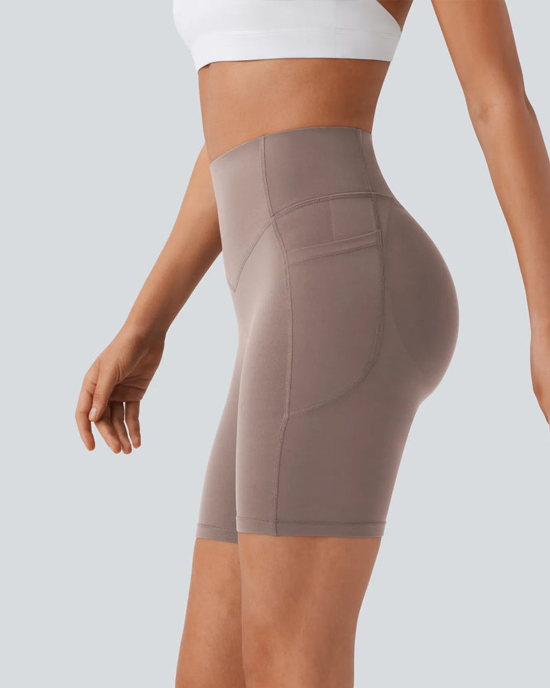 Short de sport taille haute gainant, effet push-up, contrôle du ventre, avec poches latérales, taille 7