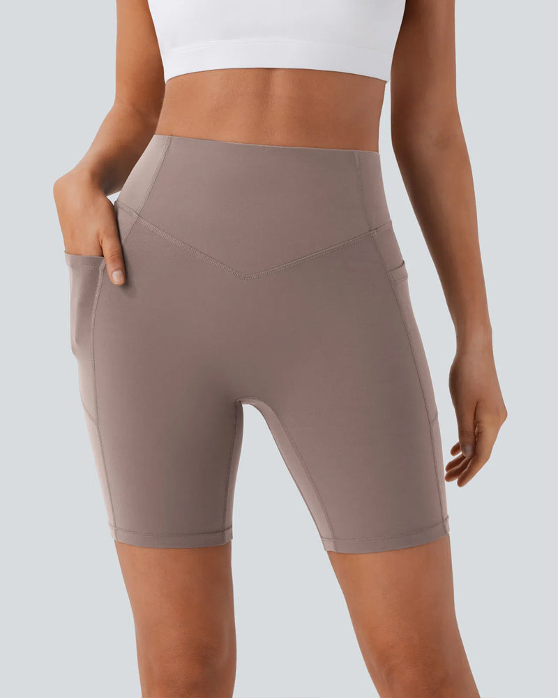 Short de sport taille haute gainant, effet push-up, contrôle du ventre, avec poches latérales, taille 7
