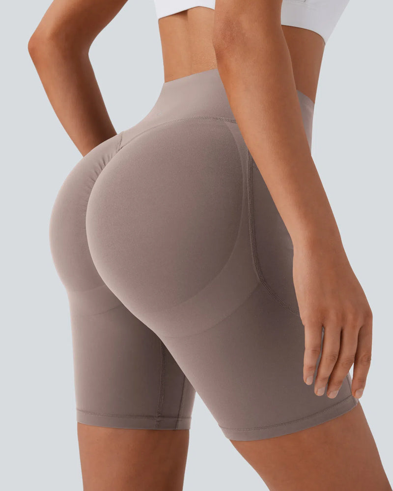 Short de sport taille haute gainant, effet push-up, contrôle du ventre, avec poches latérales, taille 7