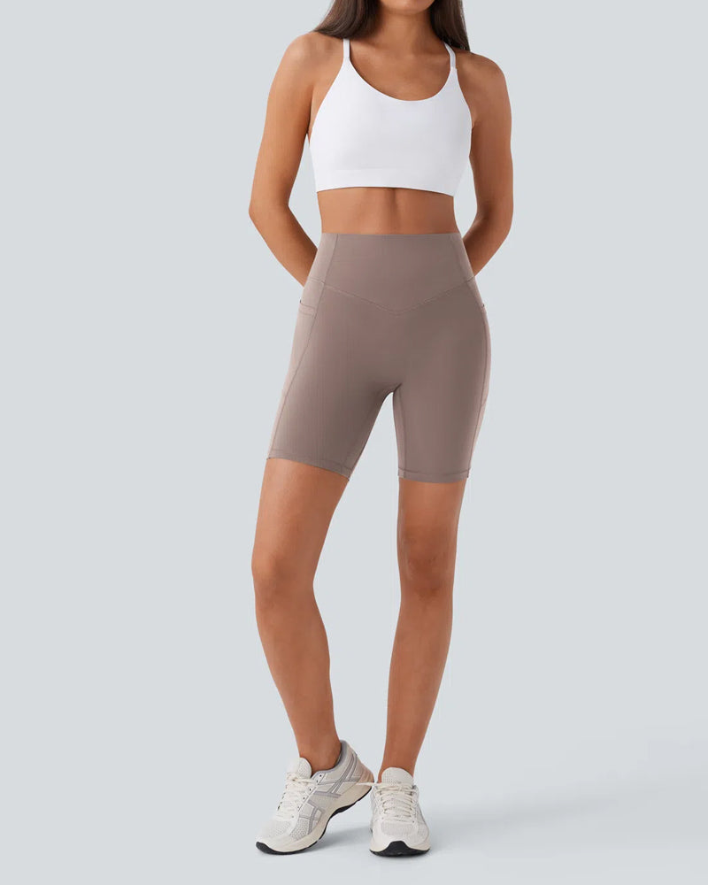 Short de sport taille haute gainant, effet push-up, contrôle du ventre, avec poches latérales, taille 7