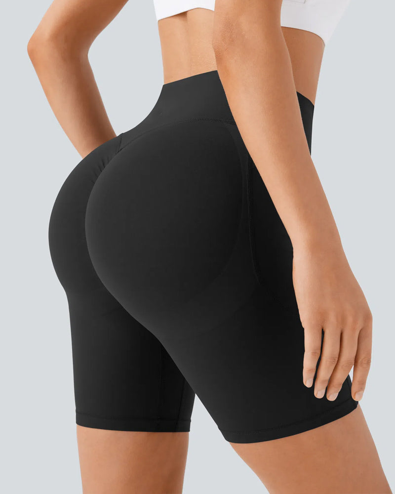 Short de sport taille haute gainant, effet push-up, contrôle du ventre, avec poches latérales, taille 7