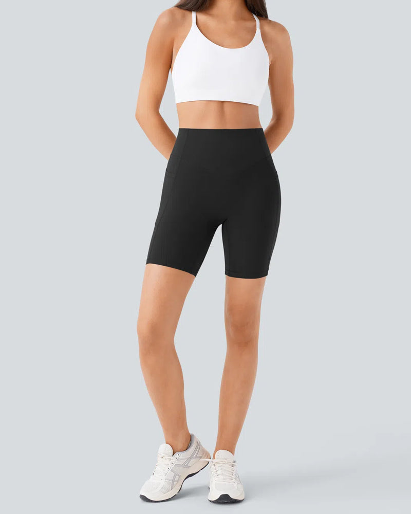 Short de sport taille haute gainant, effet push-up, contrôle du ventre, avec poches latérales, taille 7