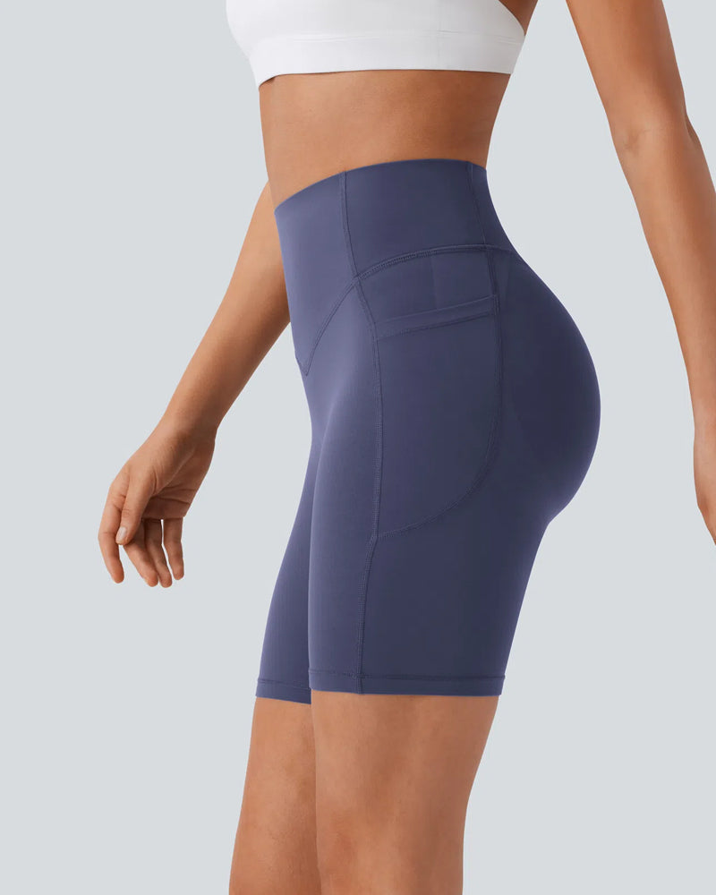 Short de sport taille haute gainant, effet push-up, contrôle du ventre, avec poches latérales, taille 7