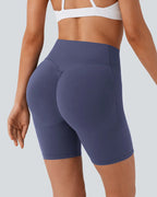 Short de sport taille haute gainant, effet push-up, contrôle du ventre, avec poches latérales, taille 7