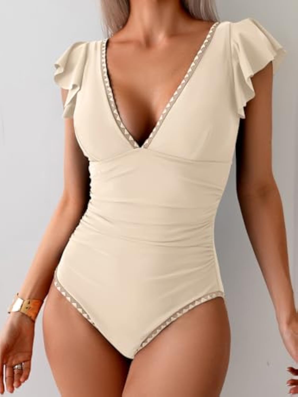 Ruffle V Neck Tummy Control One Piece Swimsuit