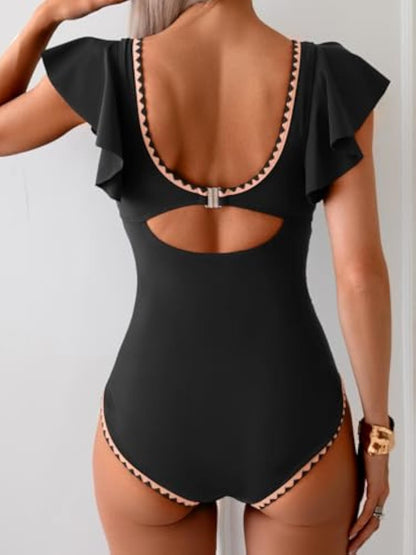 Ruffle V Neck Tummy Control One Piece Swimsuit