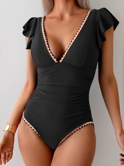Ruffle V Neck Tummy Control One Piece Swimsuit