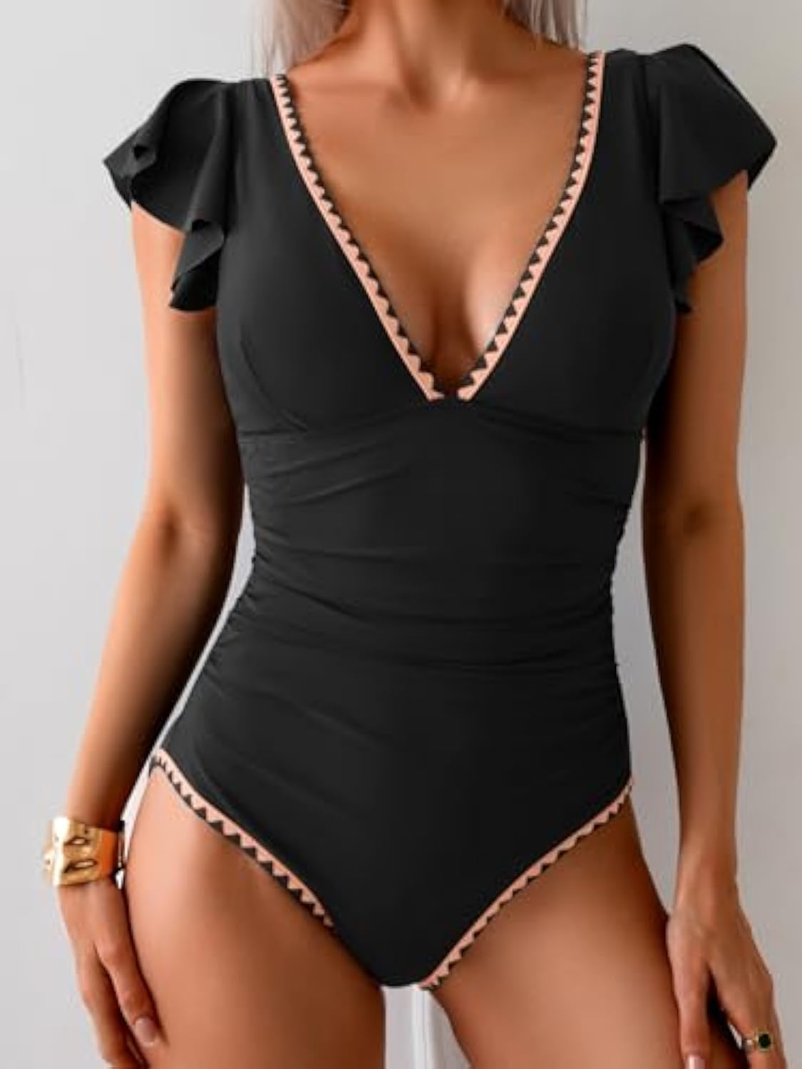 Ruffle V Neck Tummy Control One Piece Swimsuit
